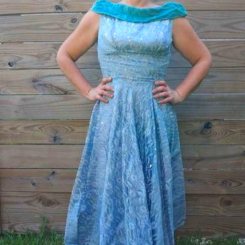 Vintage 1950's Blue Taffeta Gown with Silver Lace Overlay, Petticoat, & Bow